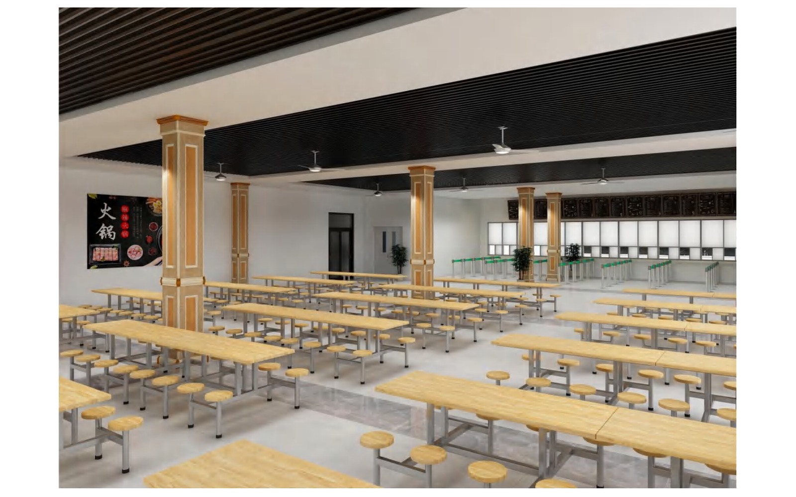 DFCCT001 Dining Hall DFCCT001 - 3D visualisation of the complete room layout.