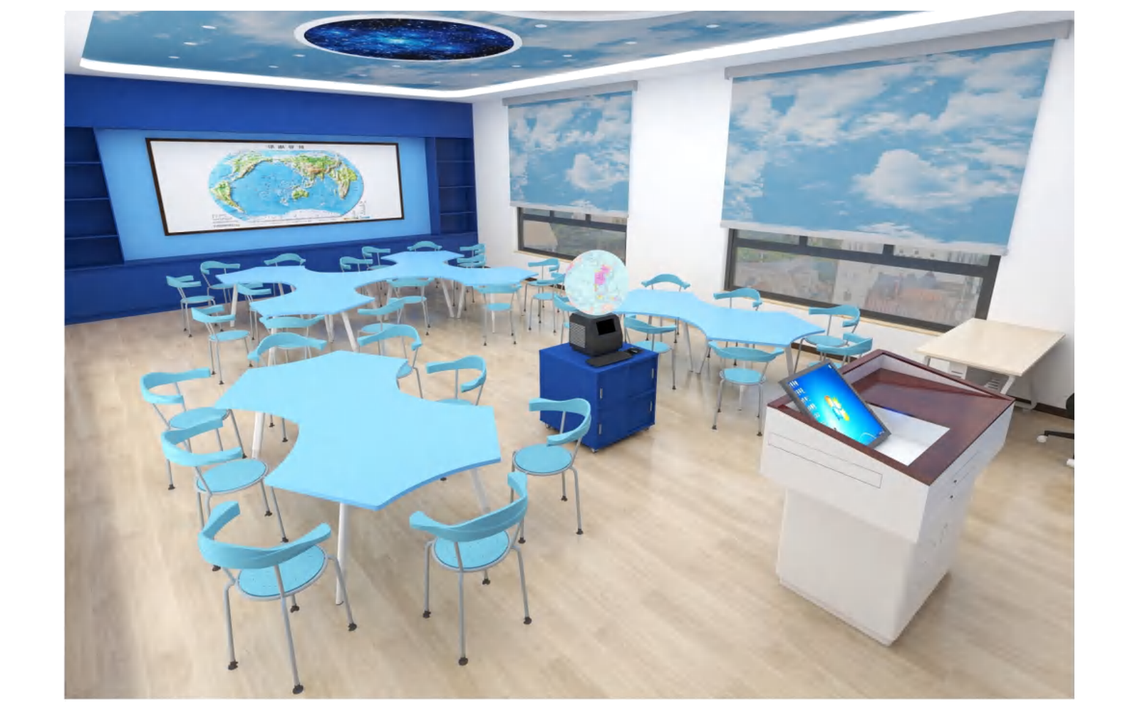 DFCDL001 Geography Classroom DFCDL001 - 3D visualisation of the complete room layout.