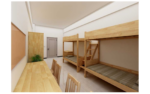 Dormitory DFCQS002 - 3D visualisation of the complete room layout.